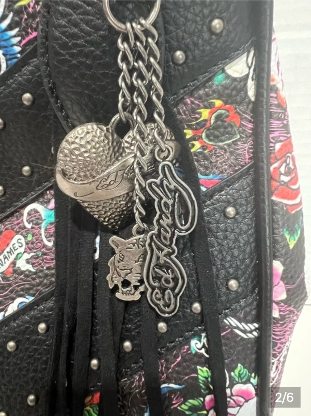 Ed Hardy NWT! Tattoo Print Fringed Shoulder Bag/Satchel - Picture 4 of 12